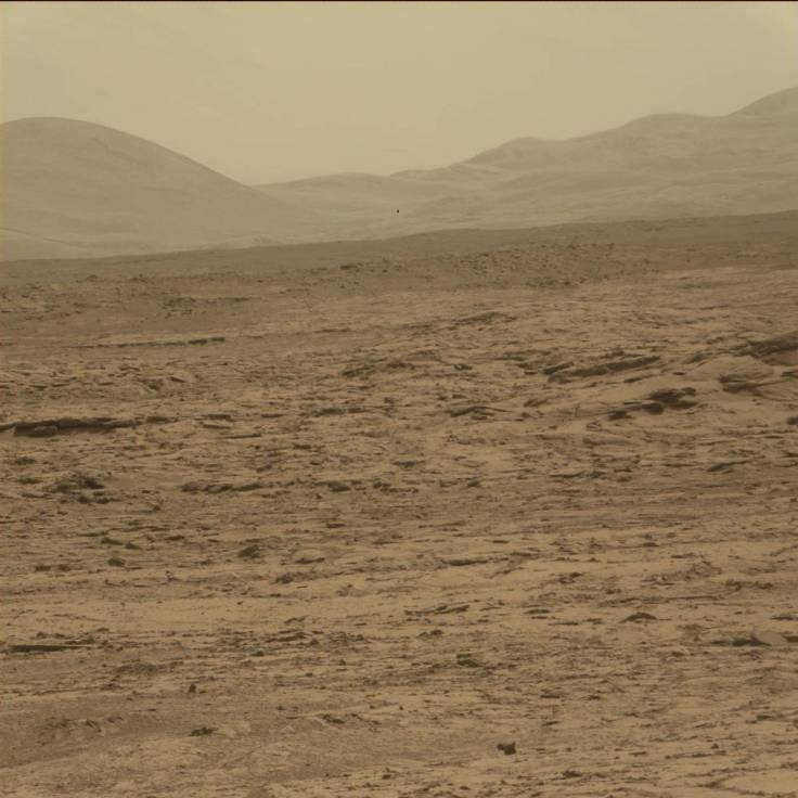 From a hill 64 sols (Mars days) after arriving on Mars, Curiosity looks down over that "lighter" color rock seen from orbit and sees that it is bare rock.  Image Credit: NASA/JPL-CalTech