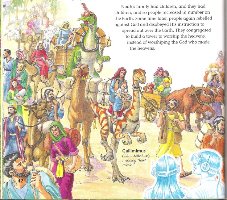Another image from a page of Ken Ham's "DInosaurs in Eden." In this case we are being shown a scene not only after Eden but after Noah's flood at the time of the tower of Babel. Here he is depicting friendly Tyranasaurus-like dinosaurs as tamed beasts living in harmony with people. The implication here is that 400 years after the flood dinosaurs where still living with people. 