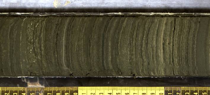 Example of finely-laminated, diatom-rich silty-clay, deposited when Lake Malawi was very deep.  These are typical for much of the hundreds of meters of sediments that were cored by the Lake Malawi drilling project. Image courtesy of the Lake Malawi Drilling Project.