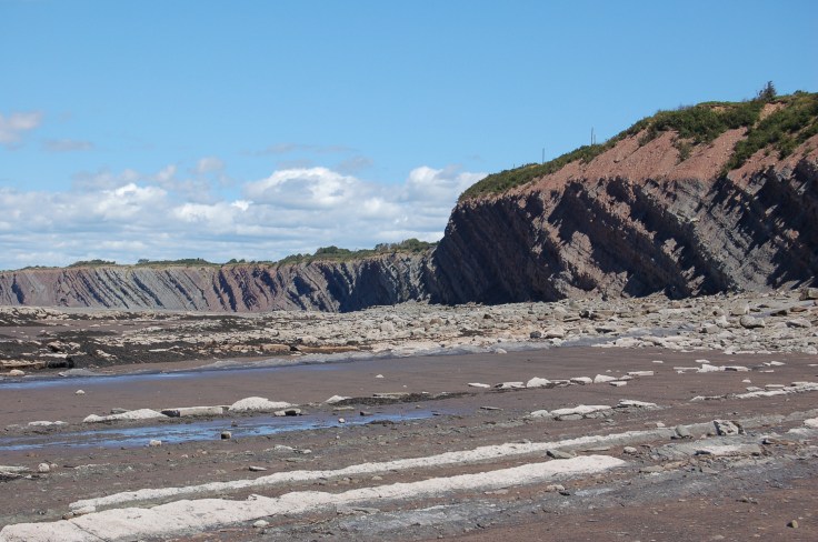 Here we see just how many thousands of layers of rock are present at this site. Image that these all stood on top of one another at one time before tipping and then eroding before a layer of sediment was deposited on top (redish/browish stuff) of the layers. Image credit: Joel Duff