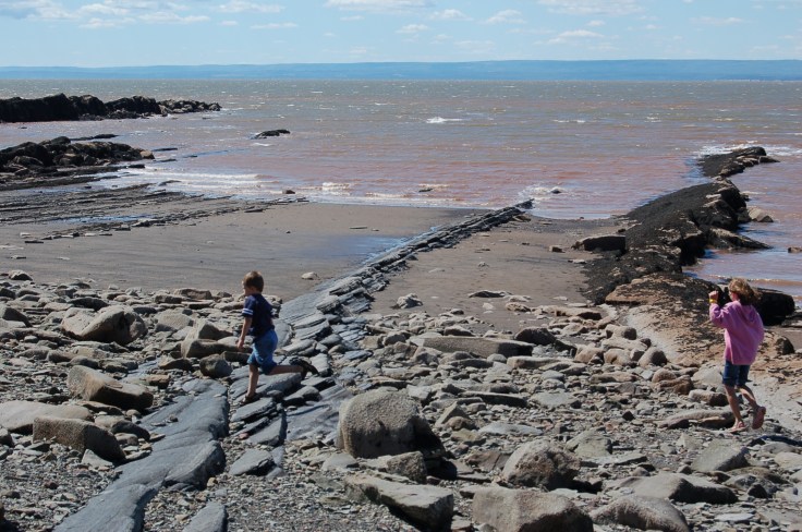 The tide is coming in now in Funday Bay at Joggins Fossil Cliffs.  It comes is no fast you have to walk back steadily to keep from being overtaken. The black rocks are a coal seam that is dipping into the ground at a 45 degree angle.  The other rock ridges are layers of rock that are more resistant to erosion.  Two of my kids are scene here for scale.  Image Credit: Joel Duff