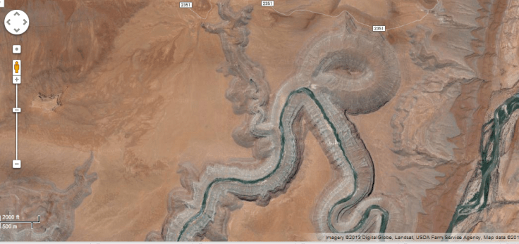 Google maps screenshot showing a piece of the San Juan River in Utah.  You can clearly see a piece of the old river path that has been cut off after a particularly sharp 