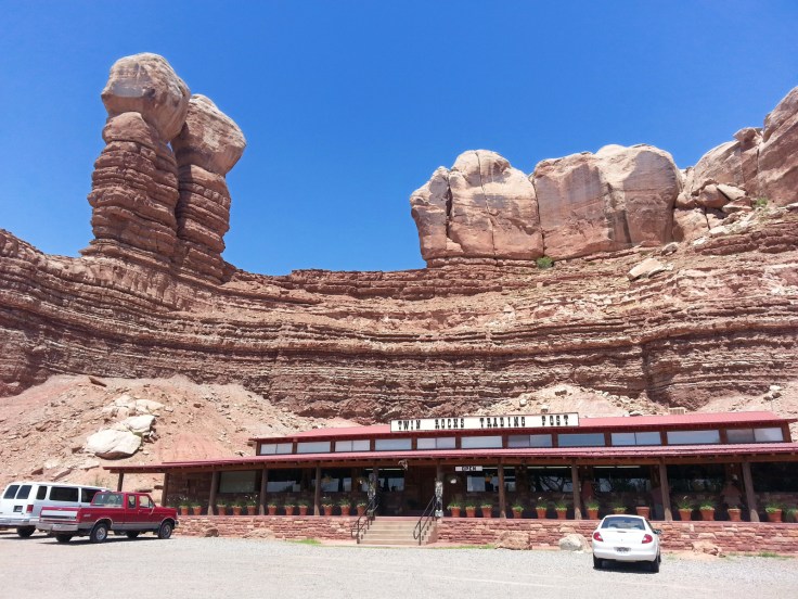 The twin tocks trading post sits below Twin Rocks (Left).  This formation is caused by  the resistance of the navajo sandstone (rock on top). This is the same rock formation that we will be seeing all the way up through Moab and is the rock that the arches are found in.  This is a camera phone image vs my Nikon camera for most of the other images.  Photo credit: Joel Duff