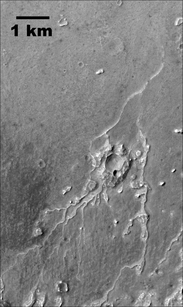 An inverted ancient river on Mars? Subscene of CTX image P01_001377_1887_XN_08N076W_061111 of branching ridge network located on Lunae Planum. The dendritic pattern, low junction angles, as well as the number and spacing of low order tributaries are all evidence of a fluvial origin to the landform.. 