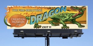 A billboard advertising the new dragon exhibit at the Creation Museum. 