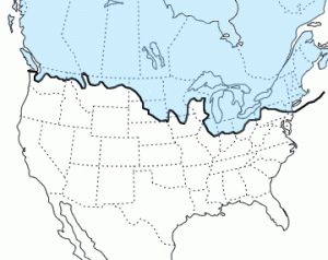 The extent of the glaciers during the most recent ice age.  