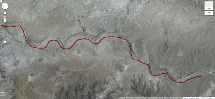 Screenshot of the area southwest of Green River UT where ancient remnants of rivers are found. These are called paleochannels. I have added a maroon line to indicate where this ancient river once ran. 