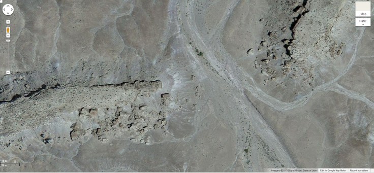 Inverted/raised paleochannel as seen on Google maps. in this close-up you can see the hardened rocks of what used to be the stream channel that are now about 100 feet above the surrounding landscape. 