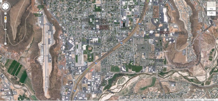 Google maps screenshot of St. George UT.  There are three flat topped hills here in this area one of which has been used as an airport.  Google and the Google logo are registered trademarks and are used here with permission.