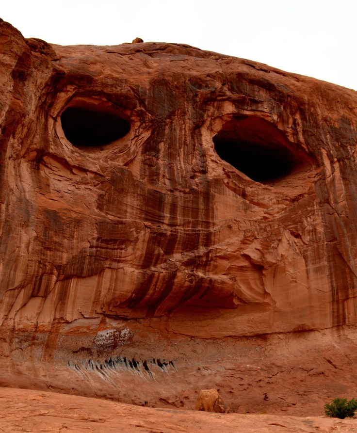Desert varnish on sandstone walls just to the east of Corona Arch near Moab UT.  I Iiked this image because it looks like a face.  Image credit: Joel Duff