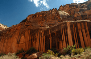 Streaks of desert varnish run down the face of this sandstone cliff.  Image from a story on varnish: http://www.dailykos.com/story/2013/03/03/1184309/-DKos-Tour-Series-Capitol-Reef-NP# 