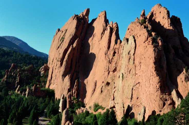 Sandstone fins stand in the Garden of the Gods park in Colorado Springs, CO.