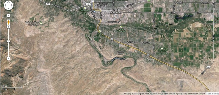 Google maps image of the area south of Grand Junction. The arrow points to the are in the picture above. Image Credit: Google Maps Inc. 