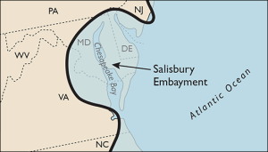 Aproximate area covered by shallow ocean in the past.  This embayment would have been very shallow.  Redrawn by Sandy Rodgers from figures in Clark et al. 2004
