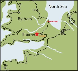 Map of Britain long ago during low ocean level. The former location of the River Thames. Currently it  discharges after going by London but in the past it went 60 miles to the North discharging in the area near this fossil site. 