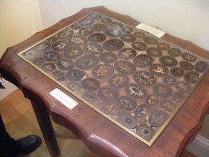 Buckland's coprolite table.  Cut coprolites have been polished to produce this table top.  The table resides in the Lyme Regis Museum.  Image from: http://subhumanfreak.blogspot.com/2009/08/sea-dragons-of-avalon.html