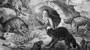 An interpretive drawing of William Buckland crawling into Kirkdale Cave where he found extinct cave hyenas and the remains of their prey. Drawn by Buckland’s friend William Conybeare.