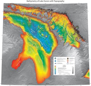 Bathymetry profile of Lake Huron.  The strip of land (reds/organge) that goes from Michigan down toward Ontario is the portion that woudl have been above lake level during the latter years of the past ice age.