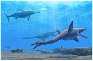 Plesiosaurus - Plesiosaurus inhabited the oceans 200 million years ago. "flying" underwater with four wing like limbs. Its sharp teeth and snapping jaws formed a deadly trap for small aquatic animals. The long necked Plesiosaurus gave its name to the plesiosaurs, a group of flesh eating marine reptiles that are extinct. Along with the dolphin like ichthyosaurs and other marine reptiles, plesiosaurs were the "sea dragons" that inhabited the seas from 200 to 65 million years ago, while the dinosaurs were dominant on land. Image Credit: Carl Buell