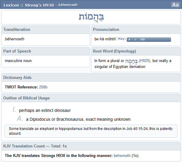 Screenshot of the Blue Letter Bible entry on the word "behemoth" which is used only once in the book of Job