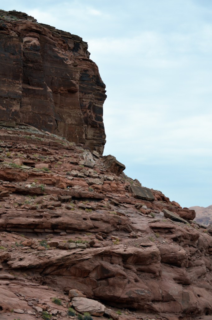 The larger context for the picture above. The rock with the footprints is on the slope to the right.  This cliff overlooks the Colorado River just west of Moab UT.  Image credit: Joel Duff