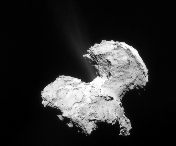 An overexposed image of Comet 67P showing jets of water vapor emanating from the comet. Image: ESA 