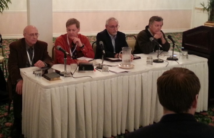 Authors of "Four Views of the Historical Adam."  From left to right Averbeck, Collins, Walton and Lamereaux.  Just before the session on historical Adam at ETS 2014. Photo: Joel Duff