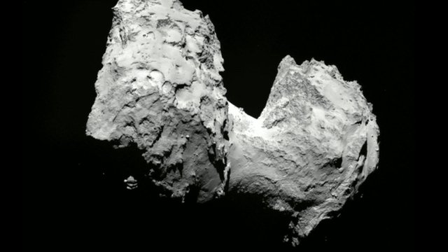 The dumbbell shaped Comet 67P.  The Rosetta satellite is presently orbiting this comet as is passes around the Sun.  Image:  Planetary Society/ESA 