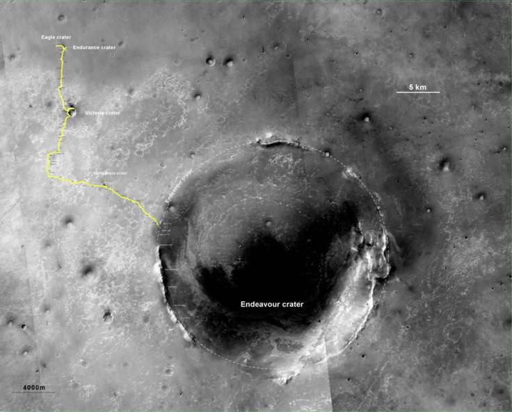 Traverse map of Opportunity showing its trek from landing site to the rim of Endeavor where it is today. Image: NASA/JPL-caltech