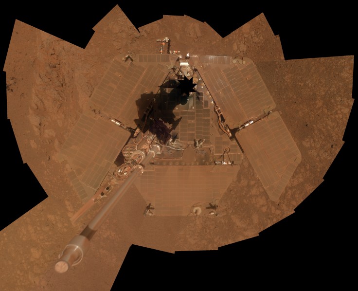 Opportunity self portrait showing its covering of dust after 10 years of roving Mars. Image: NASA/JPL-caltech