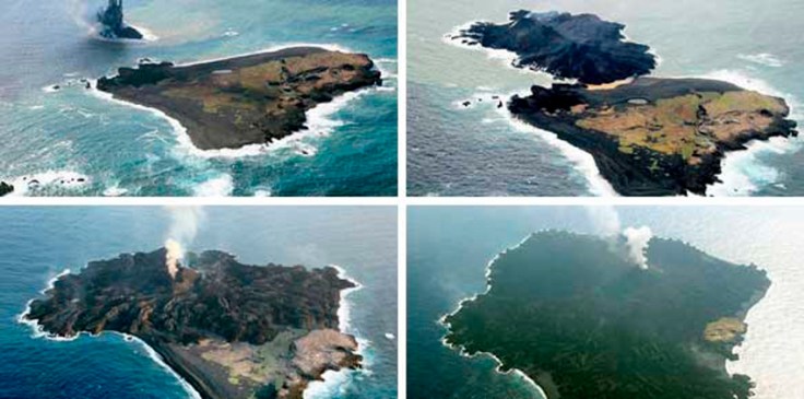Comparison of Nishinoshima from shortly after the birth to its emergence and takeover of Nishino-shima.  Panels show Nov 2013, December 25, 2013; April 2014, and Nov 2014 (bottom right) Source. Asahi.com