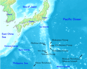 Map showing location of Nishino-shima and other members of the Ogasawara Group of islands south of mainland Japan. Map credit: Wikpedia 