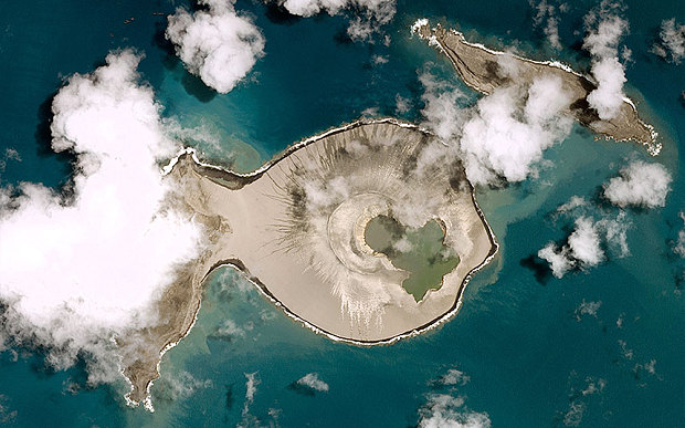 The post-eruption satellite view after the island on the left became joined to the crater which created a larger land mass (Pleiades © CNES 2015)