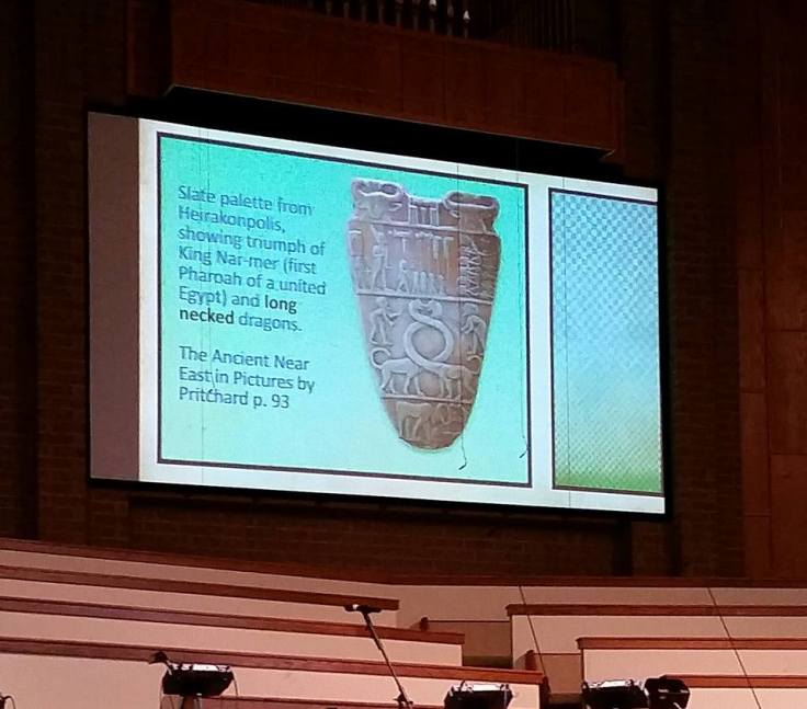 Image presented to K-6 graders at an Answers in Genesis conference showing that dinosaurs and man lived together. Clearly a bad interpretation but also inconsistent with other parts of the seminar in which dinosaurs were said to have died due to the Ice Age which would have been before the Egyptians produced this pottery. 