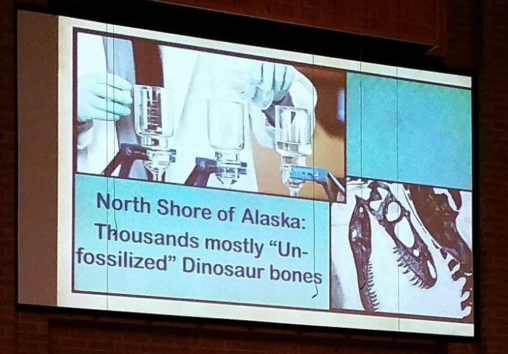 Slide from Osborne's talk in which he talks about how dinosaur bones were found in a condition like you would find cow bones today. Photo by Joel Duff