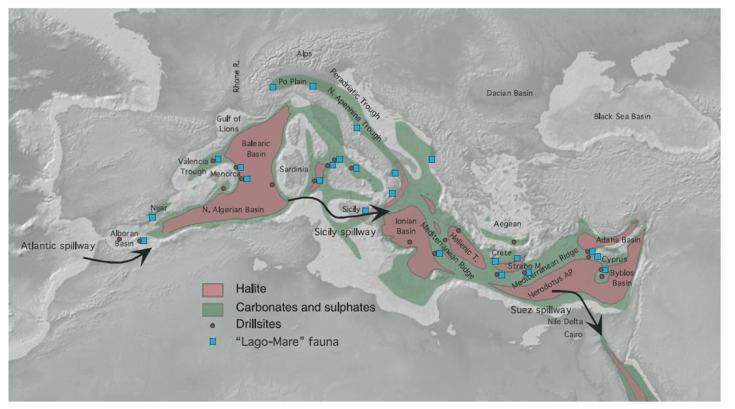 The Meditteranean basin showing where major salt formations are found. From: Ryan, W. B. F., Decoding the Mediterranean salinity crisis. Sedimentology 56, 95-136 (2008). doi: 10.1111/j.1365-3091.2008.01031.x