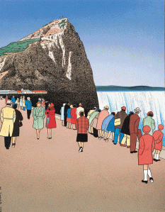 This whimsical cartoon, first published in The Atlantic Monthly and mixing modern promenaders at the Rock of Gibraltar with an event that happened 5.33 million years ago, depicts the catastrophic flood that ended the Messinian salinity crisis when Atlantic waters re-entered the Mediterranean. Drawing by Guy Billout